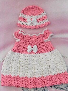 Crochet Baby Dress and Hat, Pink White Bow Outfit, Newborn Gift, Fits 0-3 Months